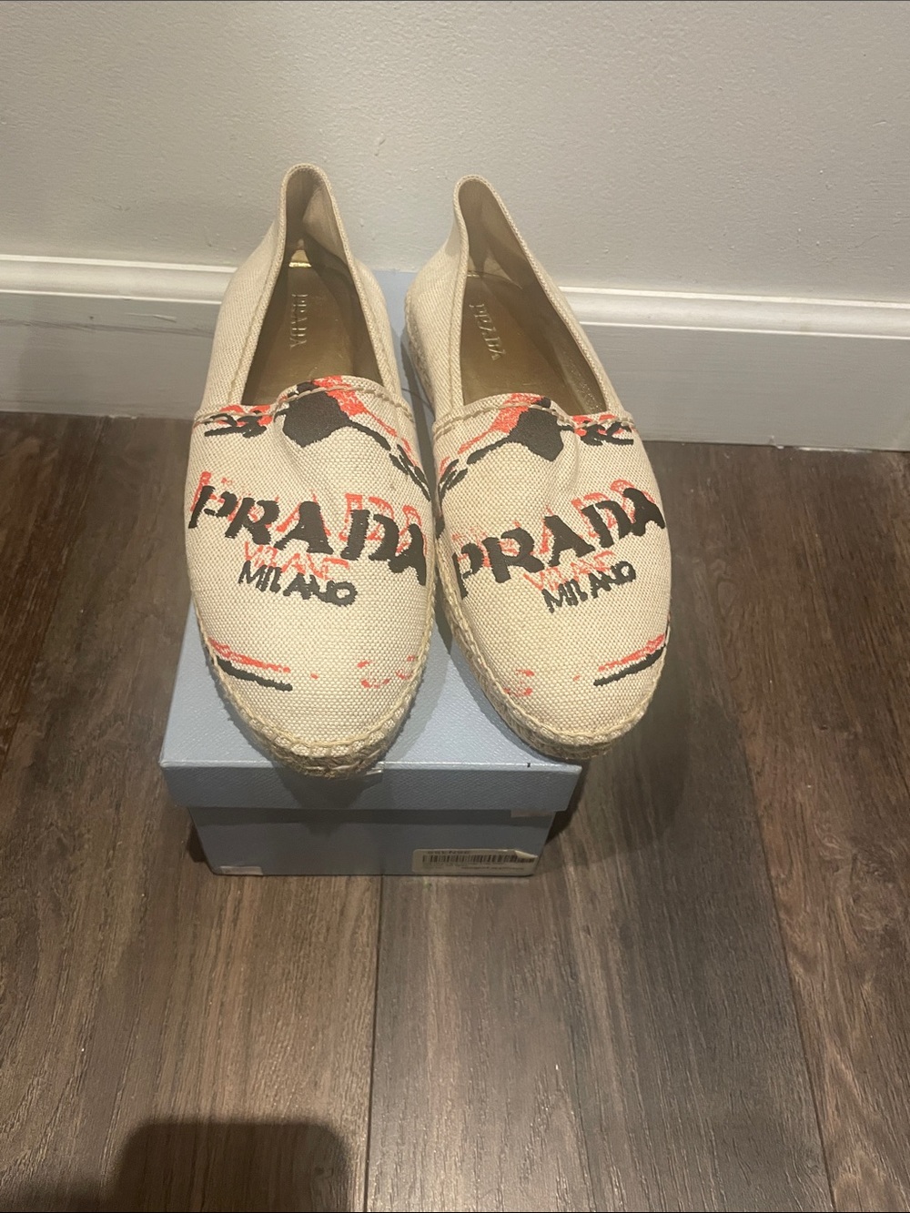 Prada Graffiti Logo Canvas Slip-On Espadrilles in Natural